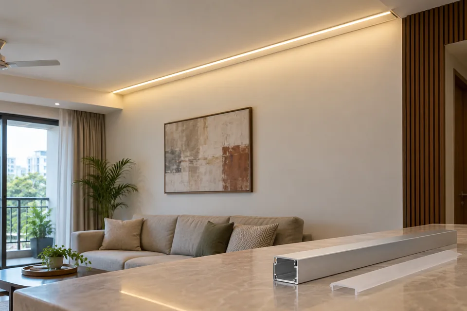 Installed linear LED ceiling lighting with an aluminum profile and diffuser in an Indian home