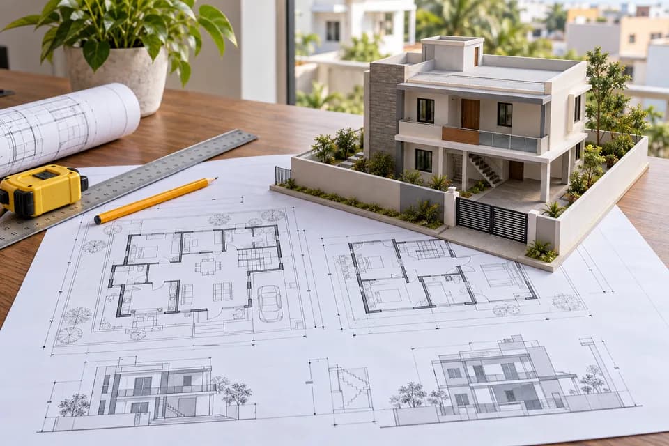 Residential floor plan and scale model of a contemporary Indian concrete home
