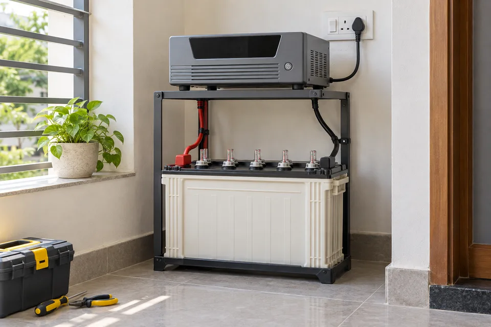 Domestic backup inverter and tubular battery in a ventilated utility corner