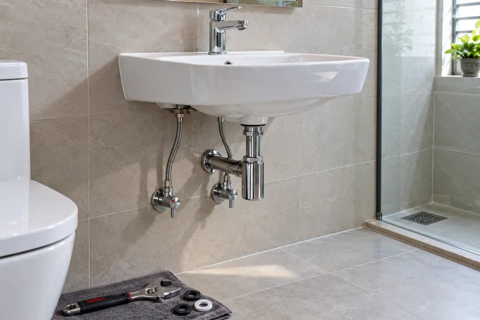 Basin mixer tap, bottle trap and water supply fittings in a residential bathroom
