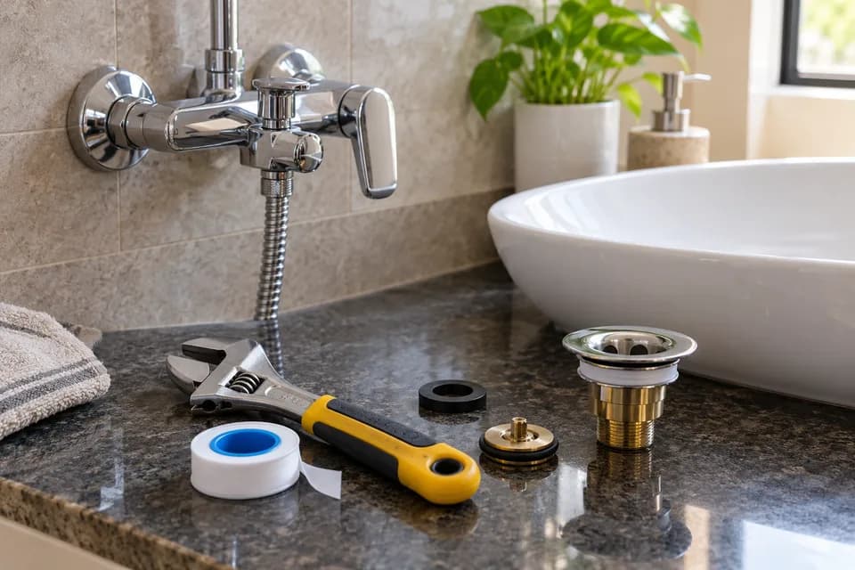 Tap fittings and plumbing tools beside a ceramic basin